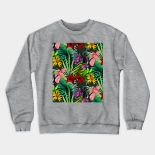 Elegant tropical flowers and leaves pattern purple illustration, dark green tropical pattern over a Crewneck Sweatshirt